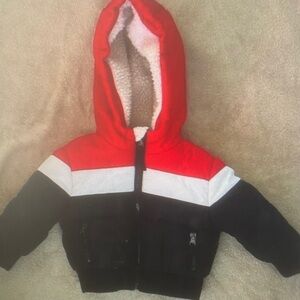 Red, White & Black Sherpa Lined Hooded Puffer Jacket